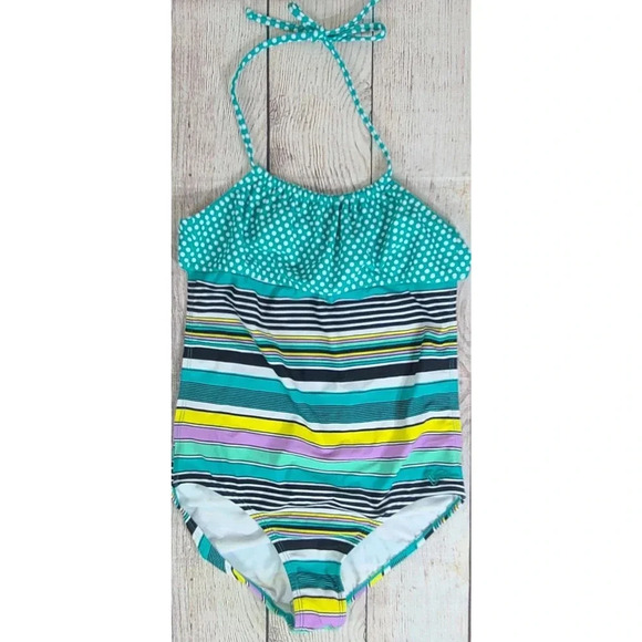Roxy 1pc Halter Bathing Suit Girl's Size 16 Teal Black Yellow Stripes Polka Dots - Picture 1 of 7